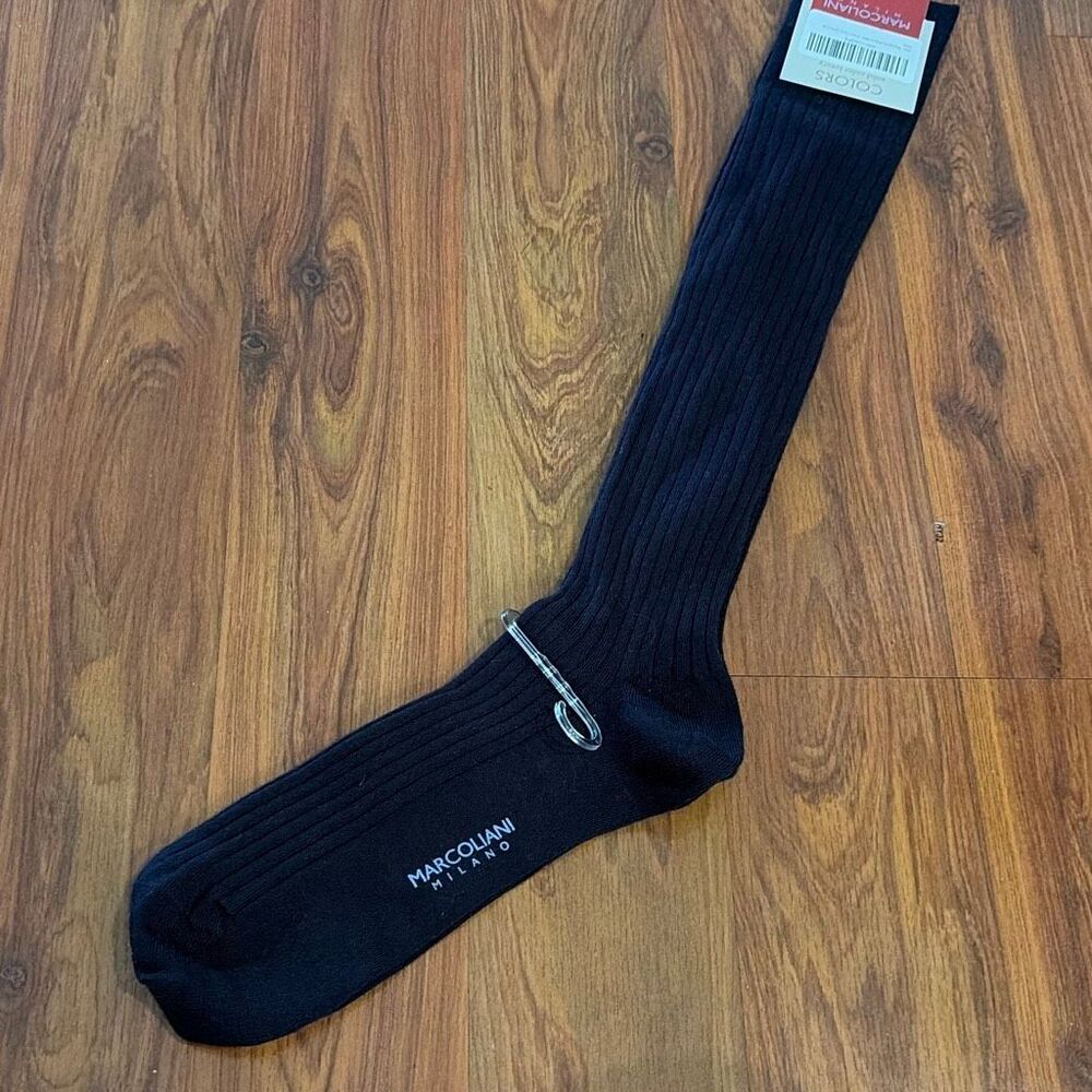 New MARCOLIANI Milano navy blue luxury extra fine ribbed Marina wool socks knee-